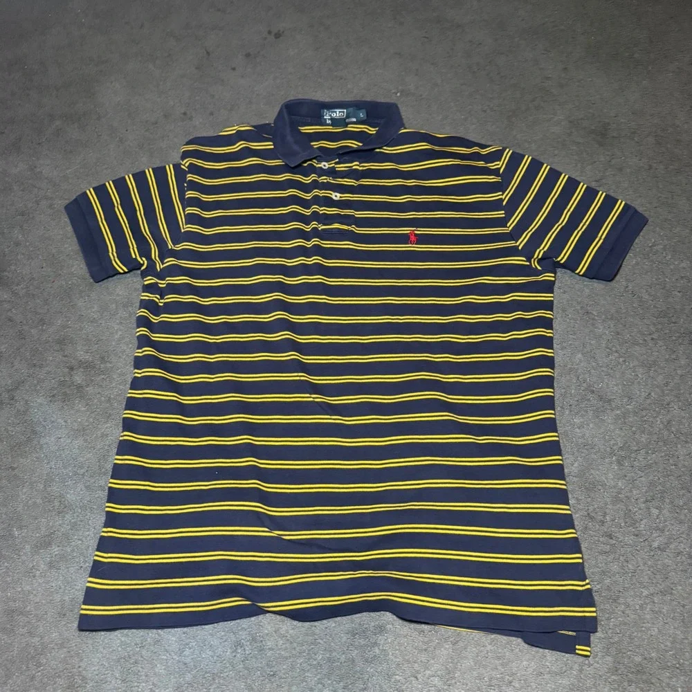Polo Ralph Lauren Mens Large Navy Blue Yellow Striped Short Sleeve Polo Shirt